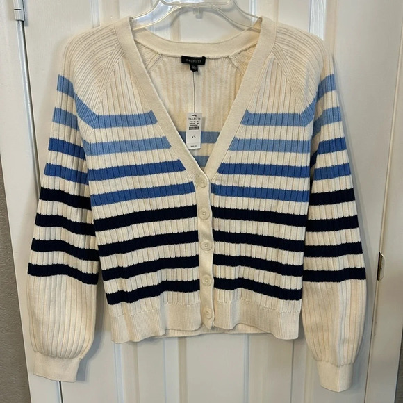 Talbots Women’s (XS) Breton Stripe Ivory/Blu Cozy Button Front Nautical Cardigan - Picture 1 of 7